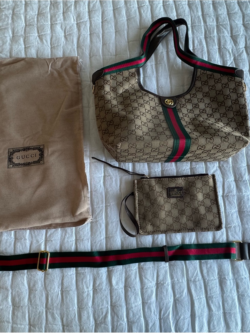 Designer Inspired Brown GG
Giglio Canvas Tote with Green and Red Web